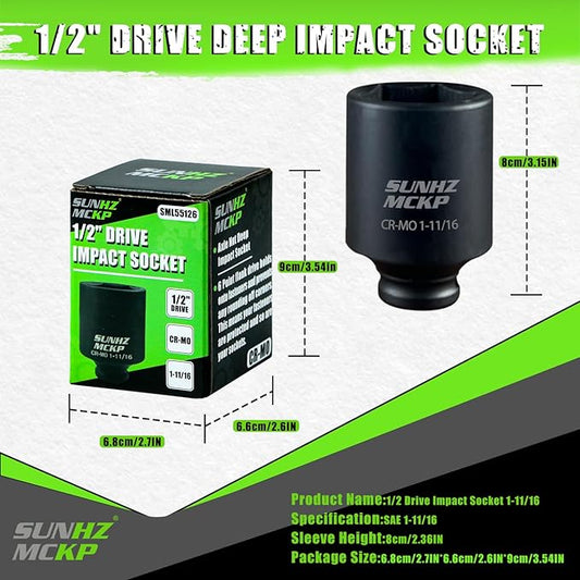 SUNHZMCKP 1/2" Drive Impact Socket, SAE 1-11/16 In Deep 6 Point, CR-MO, Axle Nut Impact Grade for Easy Removal