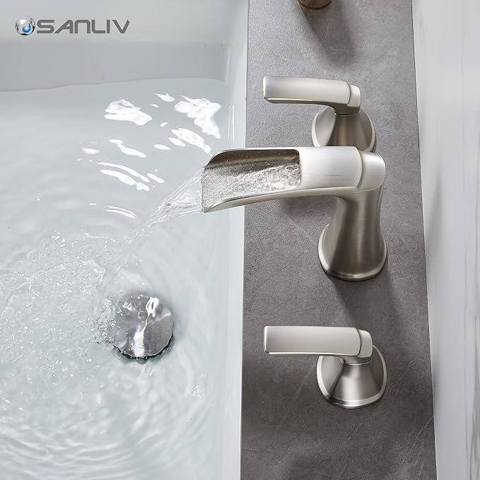 Brushed Nickel Waterfall Bathroom Faucet, Sanliv 3-Piece Widespread Bathroom Sink Faucets, 2-Handle Vanity Faucet for 3-Hole Sinks 4-8 Inch with Pop-Up Drain, Brushed Nickel