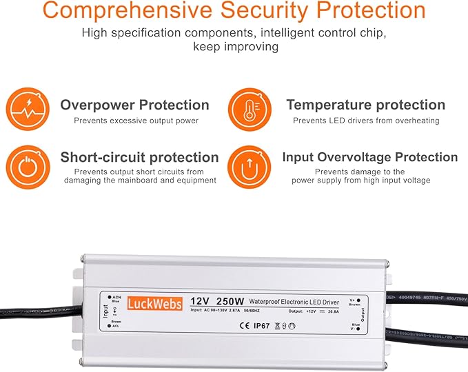 LED Driver 12V250W Waterproof Power Supply AC 90-130V to DC 12V20.8A Low-Voltage Transformer IP67 Converter Suitable for Indoor Outdoor 12 Series LED Strip Lights