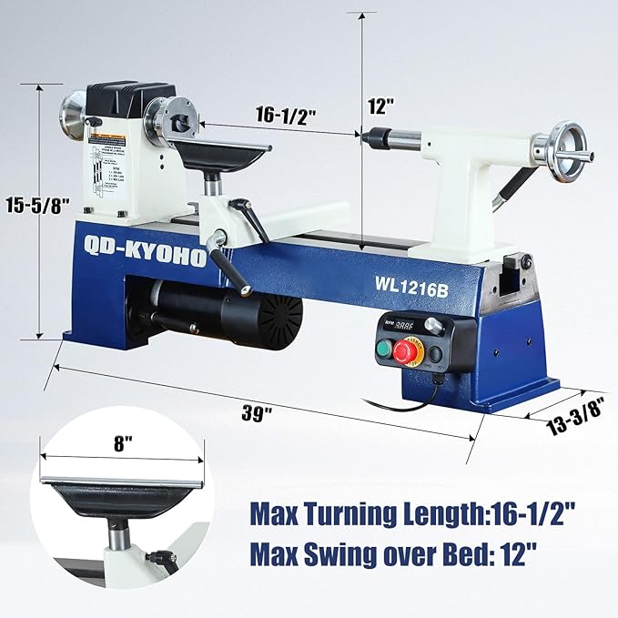 12" X 16-1/2" Wood Lathe Machine竊똙ariable-Speed 250-3200 RPM Digital Display Power Wood Lathes竊?/4HP,120V 1PH Wood Turning Lathe,VSR Woodworking Lathe For Precision Woodworking Projects