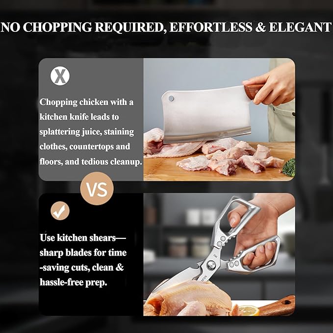 2-Piece Heavy Duty Kitchen Scissors Professional Stainless Steel Meat & Poultry Shears for Cutting Chicken Bones with Ergonomic Handles, Dishwasher Safe for Kitchen & BBQ Silver
