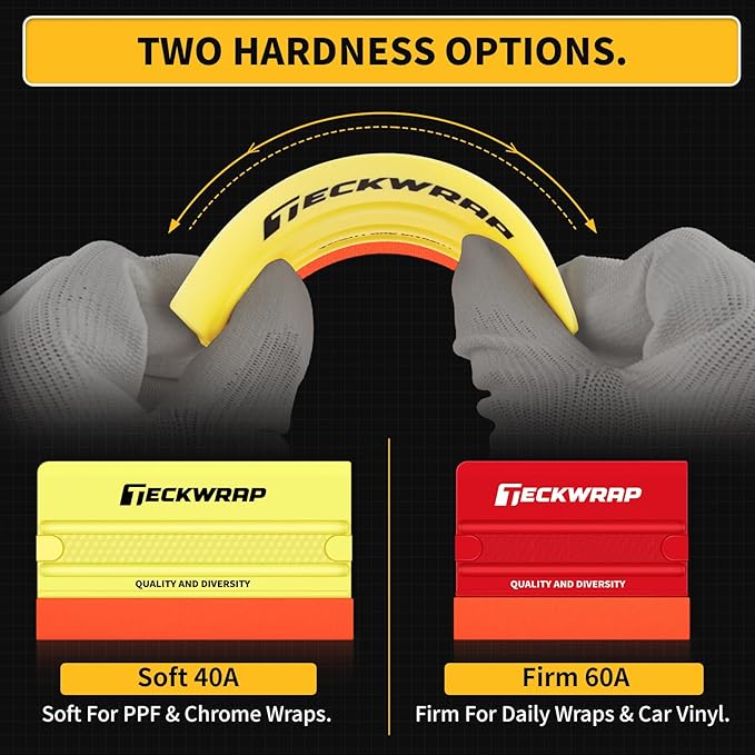 TECKWRAP Felt Squeegee for Vinyl Wrap, 2 Hardness Options Vinyl Scraper Tool with Anti-Slip Twin Ribs & Dual-Corner Design for PPF, Tint & Decals (Yellow 40A / Red 60A)