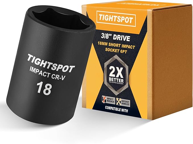 TIGHTSPOT 3/8 Inch Drive 18mm Shallow Impact Socket with Anti-Rounding 6 Point Design, Heat-Treated CRV Steel