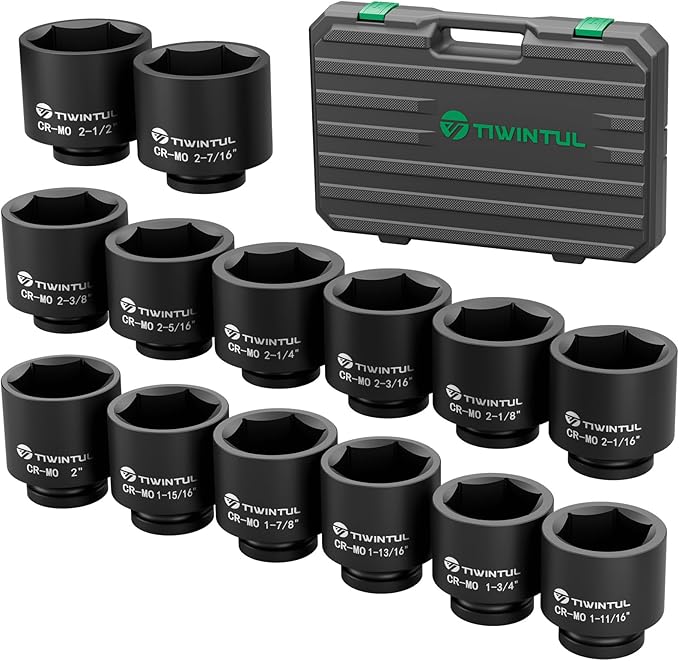 3/4??Drive Impact Socket Set, 14 Pieces Spindle Axle Nut Socket Set, SAE Sizes (1-11/16??to 2-1/2??, 6-Point, CR-MO Steel Large Impact Socket Set with Storage Case for Truck, Railroad, Bridge