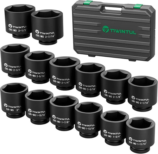 3/4??Drive Impact Socket Set, 14 Pieces Spindle Axle Nut Socket Set, SAE Sizes (1-11/16??to 2-1/2??, 6-Point, CR-MO Steel Large Impact Socket Set with Storage Case for Truck, Railroad, Bridge