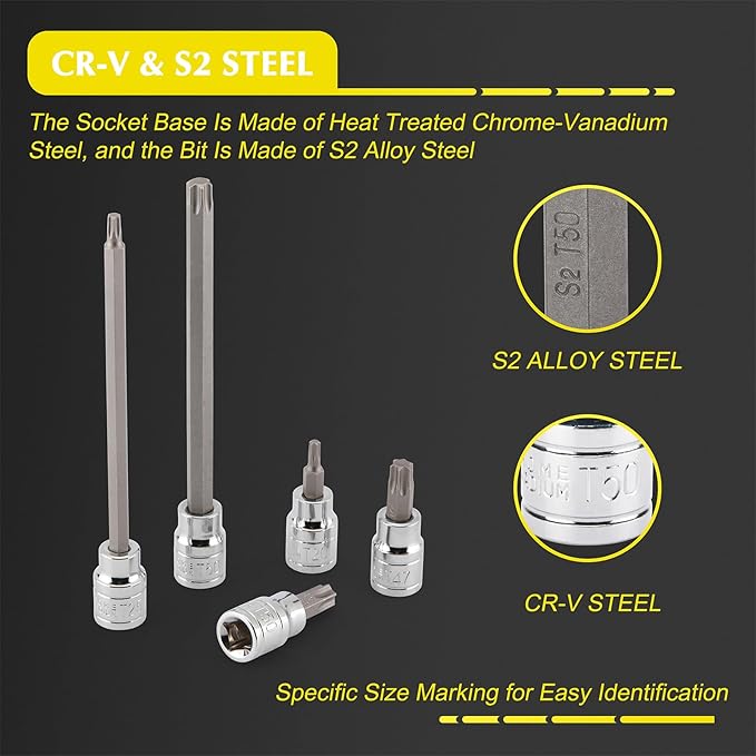 EMENTOL 3/8 Inch Drive Torx Bit Socket Set, Extra Long Star Bit Sockets, 24-Piece, Cr-V and S2 Alloy Steel, T10-T50