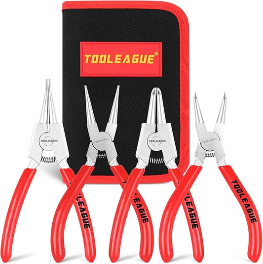 TOOLEAGUE 4 Pcs Mini Snap Ring Pliers Set, Circlip Pliers, 5 inches Internal/External Heavy Duty for Ring Remover Retaining Straight Bent Lock Ring Pliers Set