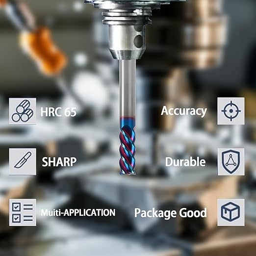 3/8" 4 Flute Square End Mill, AITiSiN Coated, HRC65 Hardness for Stainless Steel, Cast Iron, Hardened Steel, 1" Cutting Length, 2-1/2" Overall Length
