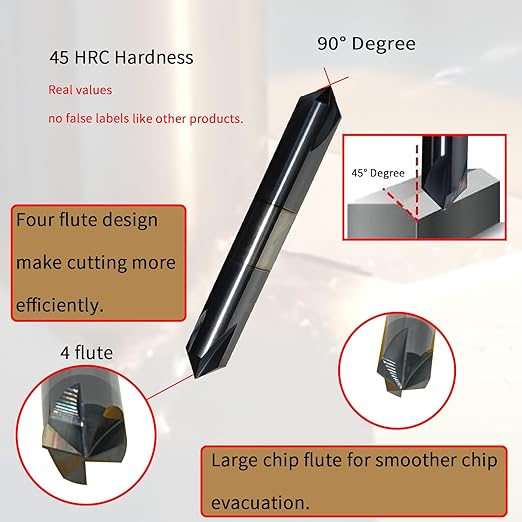 3/8" Chamfer Mill Solid Carbide End Mill,3/8"Cutting Diameter,3/8"Shank Diameter, 2-1/2"Overall Length, 4 Flute, 90째 Chamfer Angle, Double End,AlTiN Coated,for Medium Hardness Materials