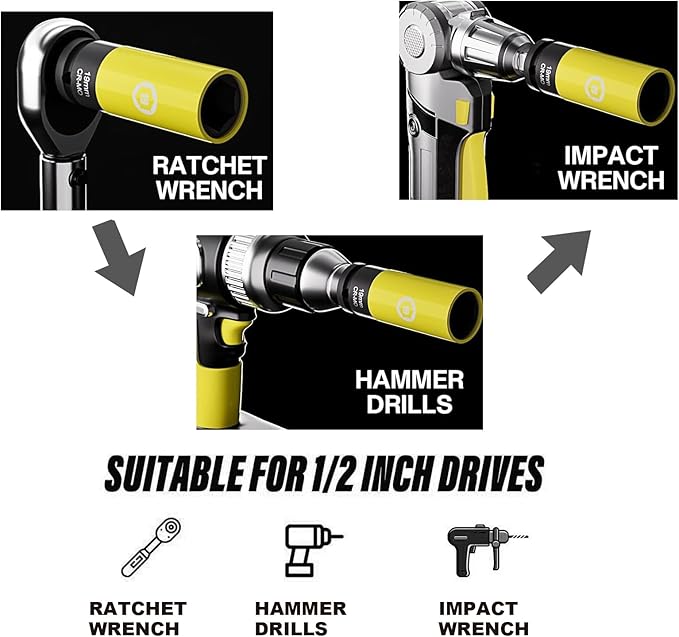 Greywolf 1/2" Drive Nut Sockets, 5-Pack Impact Nut Sockets (Metric 17, 19, 21mm and SAE 13/16, 7/8") Chrome-Moly Steel, Thin Wall Hub Removal Tool with Color Protective Cover