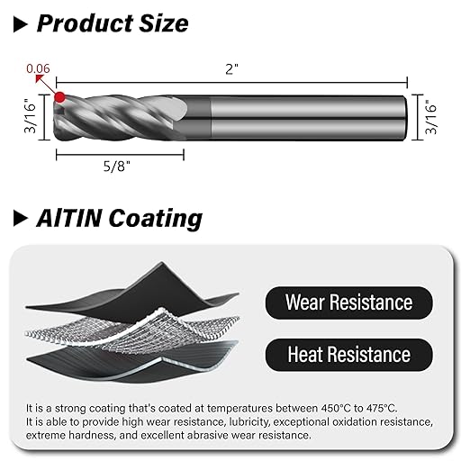 3/16" Carbide Corner Radius End Mills - 0.06" Corner Radius, AlTiN Coated, 4 Flute Endmill for Milling Alloy Steel, Cast Iron, Copper