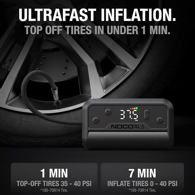 NOCO Air AL5: UltraFast 5A Cordless Tire Inflator ??Portable Battery-Powered Air Compressor Pump ??17 SLPM Airflow Inflates 0??0 PSI in 7 Minutes ??Digital Gauge + Auto-Shutoff