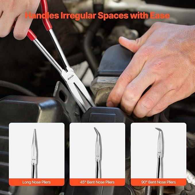 VEVOR 5-Piece Needle Nose Pliers, 11 in Long Needle Nose Pliers Set, Diagonal Cutting Pliers, 45째/ 90째 Bent Nose Plier, Round Nose Plier, Long Nose Plier, Professional Pliers Set with Storage Bag