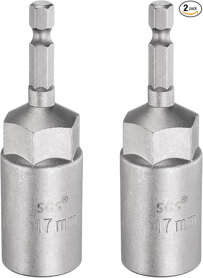 HARFINGTON 2pcs Nut Driver Drill Bit 17mm Metric Socket 1/4" Hex Shank 3.15" (80mm) Long 6-Point Sockets Quick Change CR-V Steel Bolt Setters for Power Drill Drivers