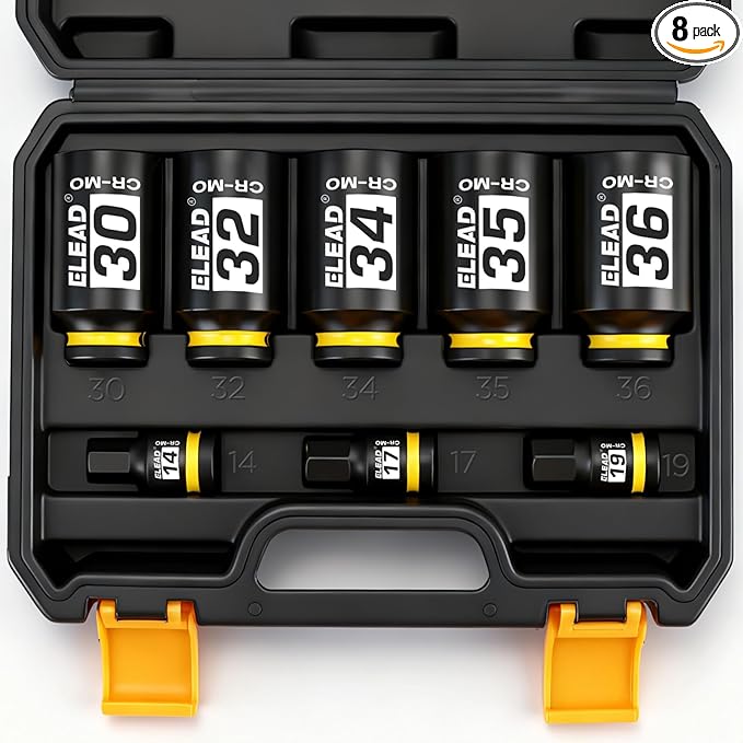1/2" Drive Axle Nut Socket Set, 8-Piece 12-Point Metric Wheel Axle Nut Wrench Large Jumbo 30mm 32mm 34mm 35mm 36mm, Hex Bit Socket 14mm 17mm 19mm, Car Spindle Joint High Torque Truck Bearing Locknut