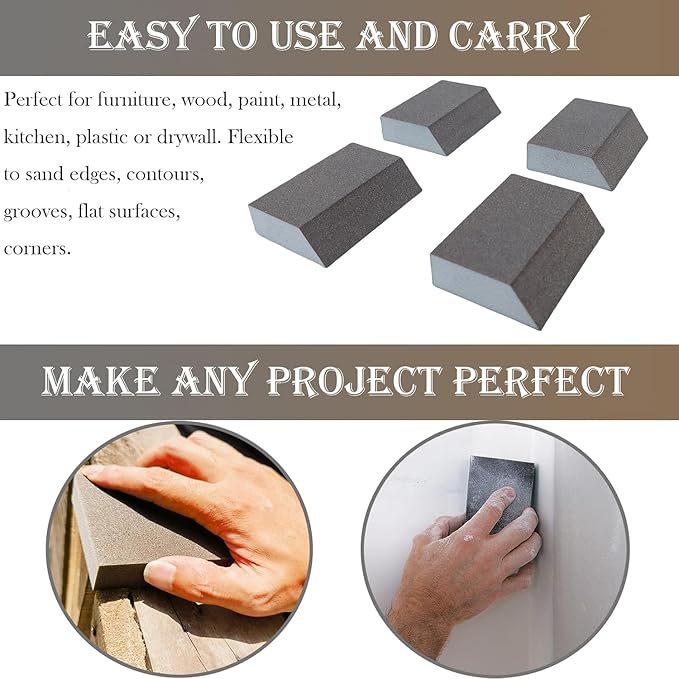 4 Pack 60 Grit Single Angle Sponge Sanding Block, Washable and Reusable Sanderpaper Hand Sanding Sponge for Wood Drywall Metal Home Sanding