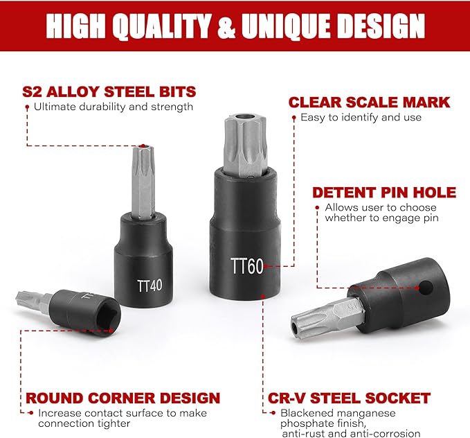 34-Piece Torx Bit Socket Set, 1/4", 3/8" and 1/2" Drive T6-T70 Solid Star Socket Set and Tamper Proof Torx Bit Socket Set,S2 Steel Bits and CR-V Sockets with Storage Case