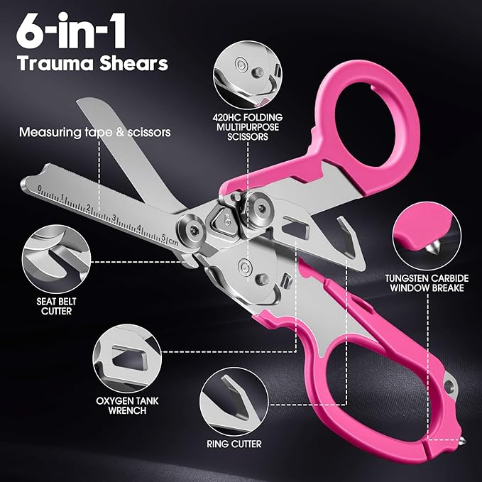 6 in 1 Multifunctional Combination Tool, Folding Retractable Emergency Shears, Outdoor Camping Tools, Seat Belt Cutter, Oxygen Cylinder Wrench, Complimentary Adjustable Wrench (pink)