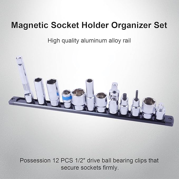 Magnetic Socket Holder Organizer Set:1/2-Inch Drive Socket Trays Socket, 360째 Swivel 12 Clips Socket Holder Kit, For Automotive Mechanic Garage (Black)