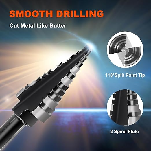 COMOWARE Step Drill Bit, 12 Sizes from 3/16" to 7/8", High Speed Steel Step Bit with 2 Straight Flutes, 3-Flat Shank, Steps Bits for Metal, Aluminum/Wood/Plastic/Iron, Unibit for Electricians & DIY