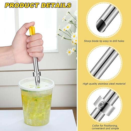 Lasnten 1 Pack Straw Puncher for Plastic Lids Lemonade Cups, Stainless Steel Straw Hole Puncher Punching Tools for Cafe Drinks Deli Container Fresh Squeezed Lemonade Stand Supplies(6.3 Inch,Yellow)