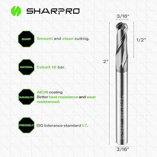 Carbide Ball Nose End Mill 2 Flute 3/16 Inch SHK. and Cutting Dia. 3D Carving, High-Speed and Deep Cutting, AlCrN Coated, Apply for Alloy Steel, Stainless Steel and Various Cast Iron.