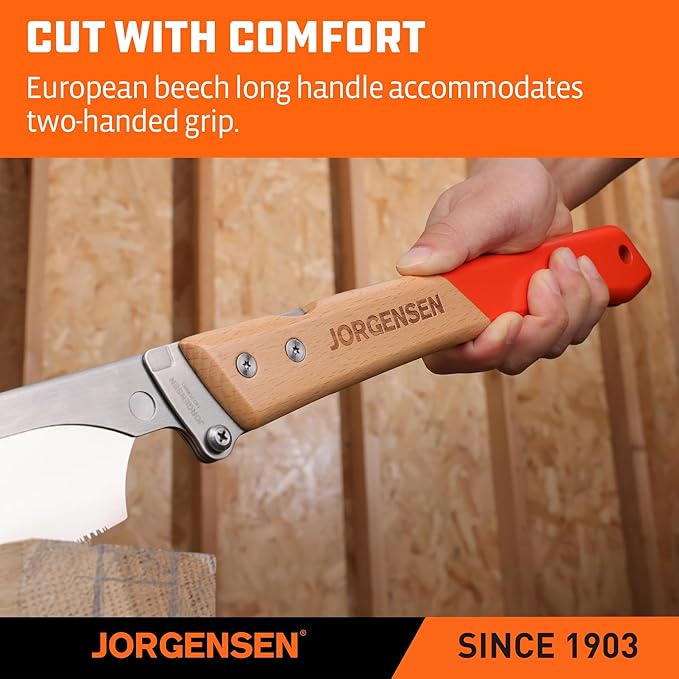 JORGENSEN Japanese Pull Saw, 9.5 Inch Pro Folding Dovetail Saw with Beech Wood Long handle, SK5 Steel Blade Tool-less Quick Change, 21TPI Cross Cut Woodworking Handsaw for Hardwood, Softwood
