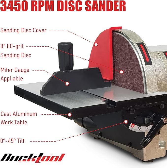BUCKTOOL Direct Drive Bench Belt Sander, 4x36 in Belt and 8 in Disc Sander, 3/4HP Belt Sander for Woodworking, 5.0A Benchtop