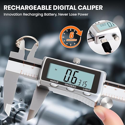 HARDELL Digital Caliper, Rechargeable Caliper Measuring Tool with Backlight LCD Screen, All Metal Calipers, Auto-Off Digital Micrometer, Inch/MM/Fraction for Household/3D-Printing-Rechargeable 6 Inch