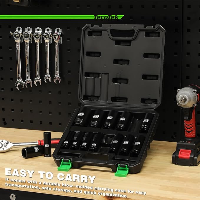 14PCS 1/2" Deep Drive Impact Socket Set, 6-Point, SAE (3/8" to 1-1/4"), CR-MO Steel, With a Storage Case