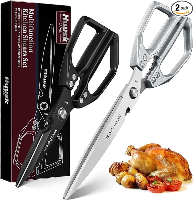 HUUSK Kitchen Scissors Set Upgraded - Stainless Steel Kitchen Shears, Sharp Meat Scissors, Heavy Duty Poultry Shear, Japanese Cooking Scissor Dishwasher for Food, Christmas Gifts for Men Women