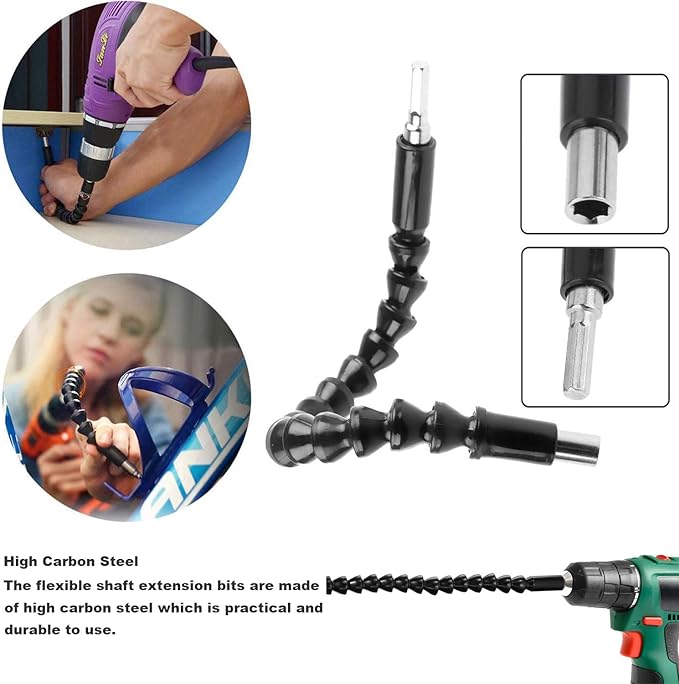 Flexible Drill Bit Extension, Bendable Drill Extension11.6inch, Manual 90째 Right Angle, 1/4 Flexible Extension for Drill, Adaptor Hex Flexible Screwdriver Extension Black (12PCS)