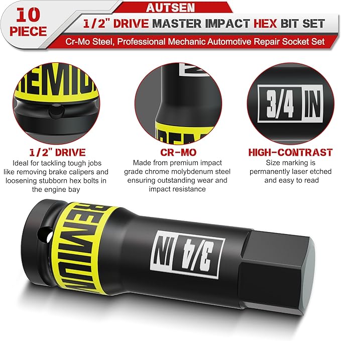 1/2" Drive Impact Hex Bit Socket, 10 Piece Allen Bit Socket Set, 1/4" - 3/4", SAE, Cr-Mo Steel, Ideal for Professional Mechanic Automotive Repair