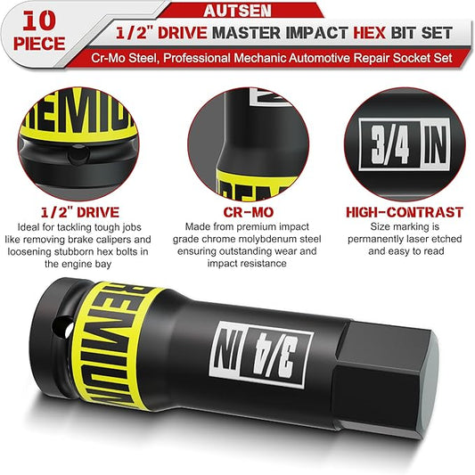 1/2" Drive Impact Hex Bit Socket, 10 Piece Allen Bit Socket Set, 1/4" - 3/4", SAE, Cr-Mo Steel, Ideal for Professional Mechanic Automotive Repair