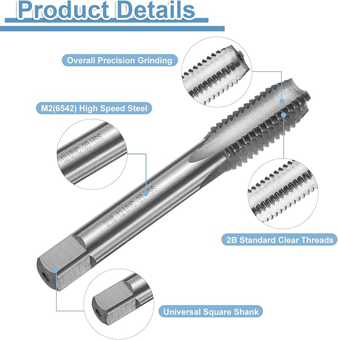 uxcell Hand Bottom Tap 9/16-12 UNC 2B Thread Bottoming Style Threading Taps High Speed Steel HSS6542 Straight Flutes Screw Tapping Tool