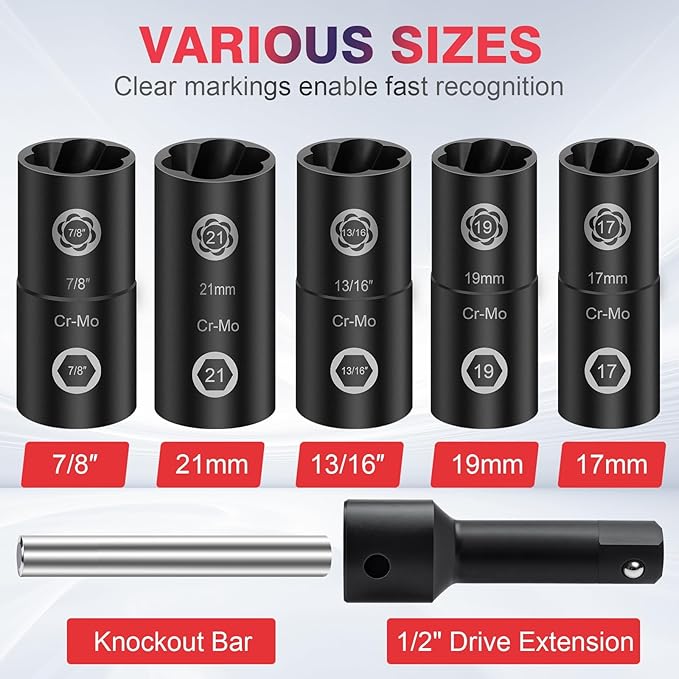 2-In-1 Lug Nut Removal Tool & Impact Socket Set, with 1/2" Drive, Easy Out Broken Bolt Extractor Kit, Ez Out Stripped Wheel Lock for Removing Rounded, Rusted Bolts, Nuts & Screw 7-Pieces