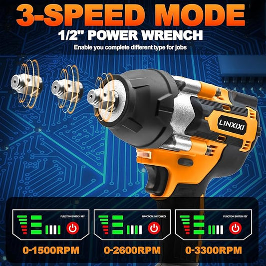1/2 Cordless Impact Wrench, 1/2 Inch Impact Drive with Brushless Motor, 1000N.m(740Ft-Lbs), 3300PRM, Electric Impact Wrenches with Battery and Charger, 6 Sockets