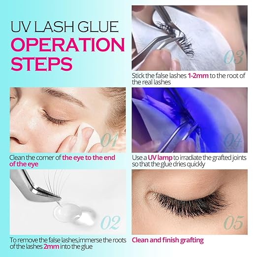 Eyelash Extension UV Eyelash Glue 1 Sec Quick Dry Strong Bond UV Lash Glue Adhesive Waterproof Safe No Irritation 75 Days Long Lasting for Professional Use Only(3ML)