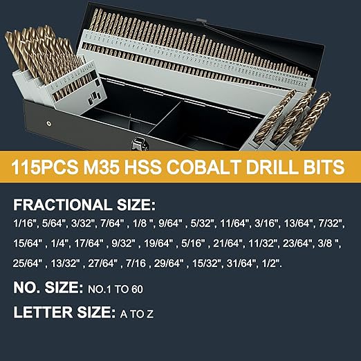 BeHappy 115Pcs Cobalt Drill Bits Set, High Speed Steel, 135 Degree Tip, Twist Jobber Length Drill Bit Kit for Hardened Metal, Plastic and Wood with Metal Indexed Storage Case, 1/16"-1/2"