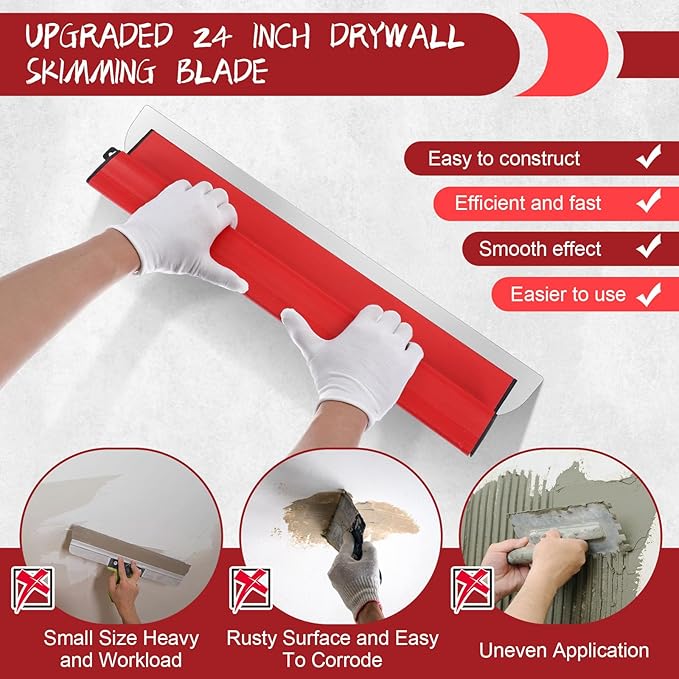 24 Inch/60 CM Drywall Skimming Blade, Stainless Steel Drywall Smooth Finish Tool for Large Working Area Wall Decoration, Replaceable 0.5 mm Stainless Steel Blade, Ergonomically Designed Grip
