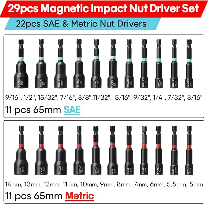 SHALL 29PCS Magnetic Nut Driver Set, Impact Drill Driver Bit 1/4" Hex Shank, SAE & Metric Cr-V Steel Power Nut Drivers with Quick-release Extensions, Impact Socket Adapters, Bit Holder and Storage Bag