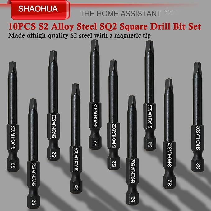 11PCS Square Drive Bits, 10PCS Square Screwdriver Bits and 1PCS 1/4 Hex-Shank Magnetic Bit Driver, 2.3" Long Square Bit #2, S2 Alloy Steel Pocket Hole Jig System SQ2 Bits, SQ2 Impact Driver Bits