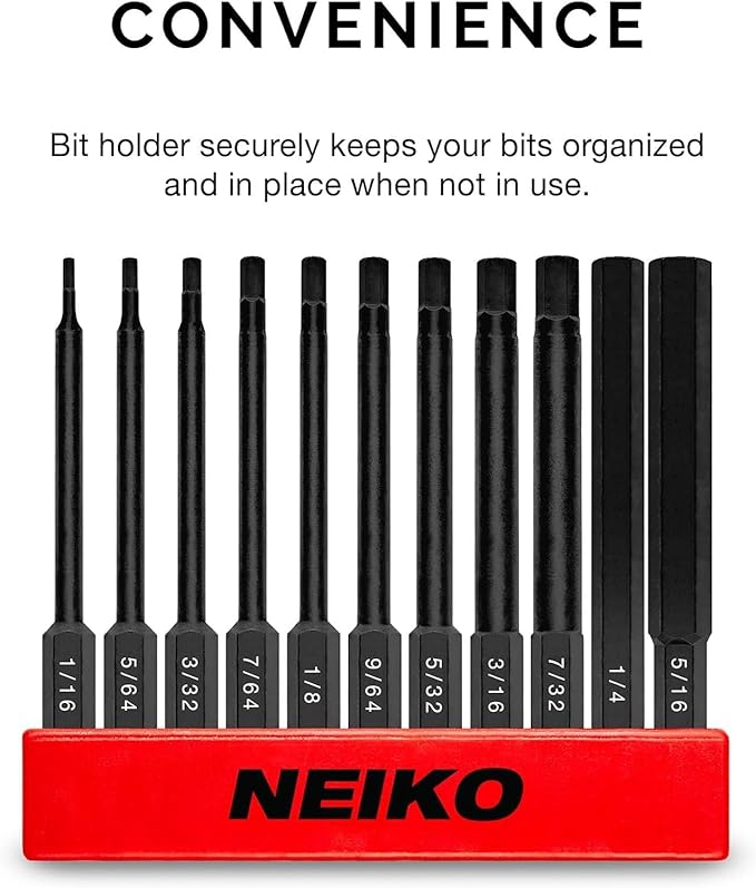 Neiko 01147A Allen Wrench Drill Bits, 11-Piece Hex Drill Bit Set, SAE Sizes 1/16" to 5/16", Magnetic Hex Head Bits, 3" Quick Release Shanks, S2 Steel, Compatible with Power Drills and Impact Drivers