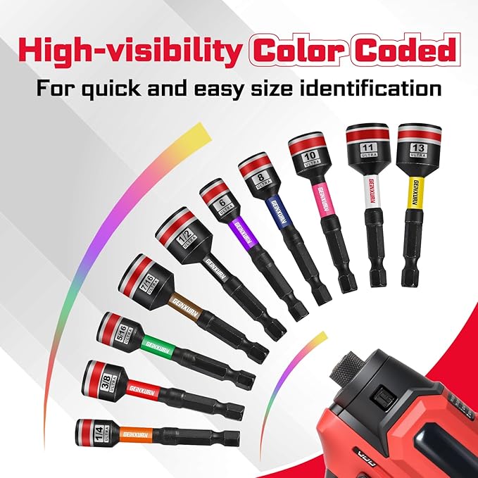 Impact Nut Driver Set, 15 Pieces 65mm 2.56?쒵ong 6mm/8mm/10mm/ 11mm/13mm 1/4??/16??/8??/16??/2??6 Point Alloy Steel Magnetic SAE Metric Nut Setter Set 1/4 Hex Shank with Case Box