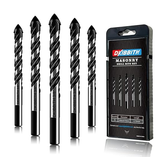 5-Piece 3/8??Masonry Drill Bits for Tile Glass Ceramic Wall Brick Stone Soft-Metal Wood, 3/8 Inch Concrete Drill Bits Cement Drill Bit Set, 3-Flat Shank, YG8 Carbide Tungsten Steel Alloy Tip 10mm