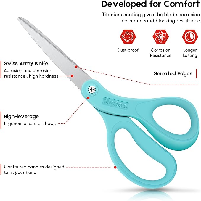 Niutop 8" All Purpose Scissors - Heavy Duty, Ergonomic Comfort Grip Sewing Shears for Office, Home, School, Art, Craft & DIY