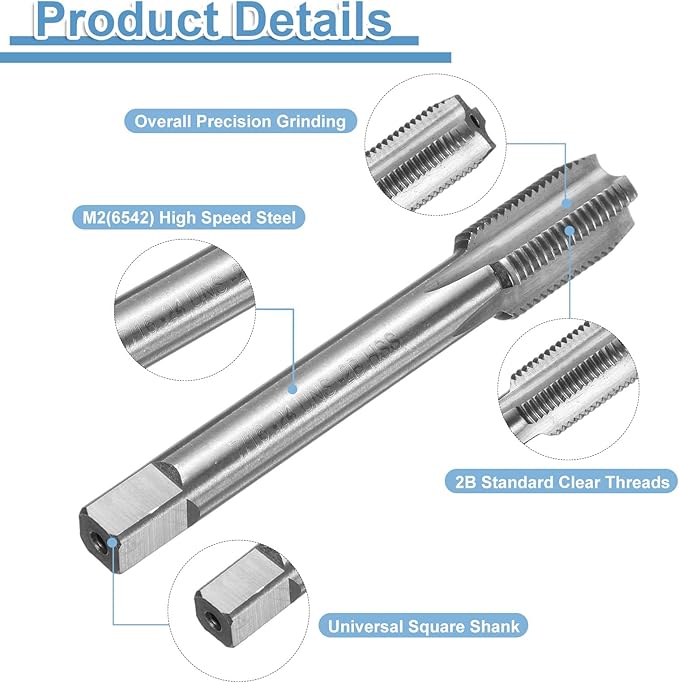 uxcell Hand Bottom Tap 7/16-24 UNF 2B Thread Bottoming Style Threading Taps High Speed Steel HSS6542 Straight Flutes Screw Tapping Tool