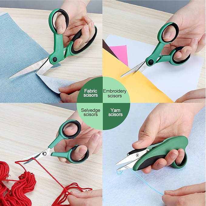 Premium Sewing Scissors Bundle - Heavy Duty Fabric Scissors (8"), Embroidery (5"), Small Detail (4"), Thread Snips (5"), Tailoring, Dressmaking, Quilting, Arts&Craft Supplies, Green