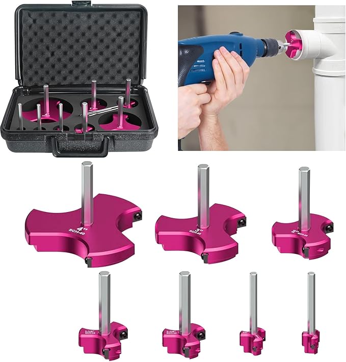 7Pcs Triple Blade PVC Pipe Reamer Kit 3 Blades Pipe Fitting Saver Tool for Plumbing with Triple Blade 1/4 Inch Hex Shaft for PVC SCH40 ABS CPVC (3/4" 1" 1-1/4" 1-1/2" 2" 3" 4") Plastic Fitting Reamer