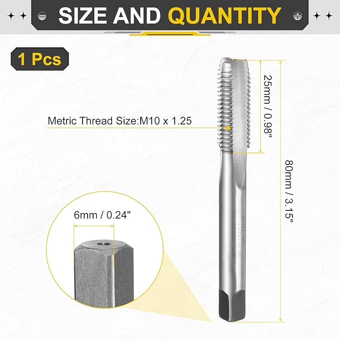 uxcell Hand Plug Tap M10 x 1.25 H2 Metric Thread Plug Style Taps Straight Flute Screw Tapping Threading Tool 9CrSi Alloy Tool Steel